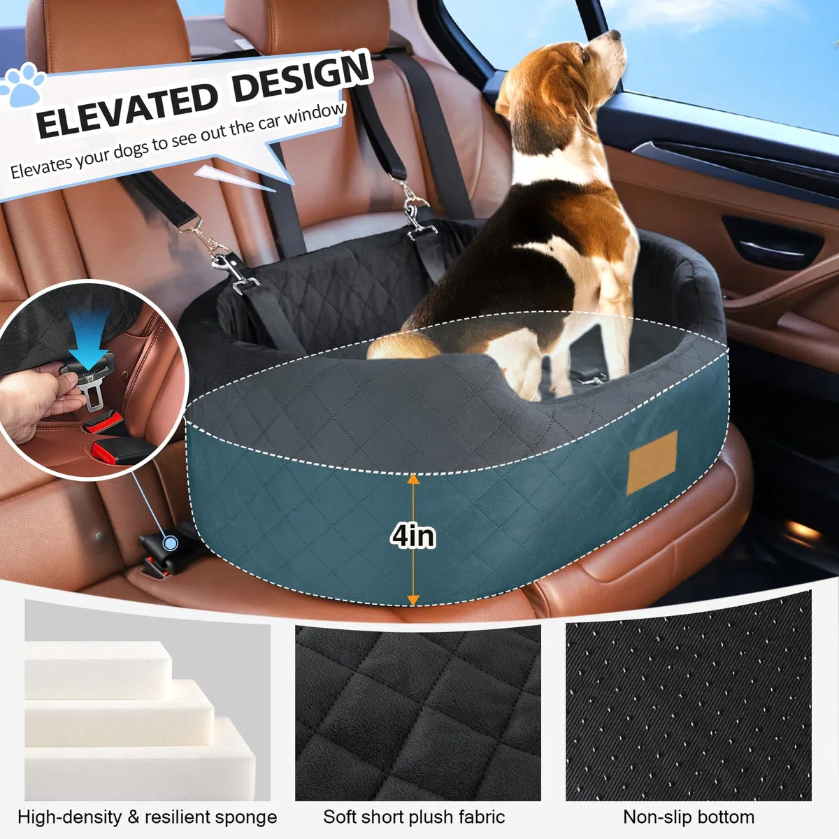 Asiento de coche para perros medianos de hasta 50 libras, asiento elevador para mascotas para automóviles, SUV y camiones, cama de viaje para perros con correa de seguridad, cojín grueso, base