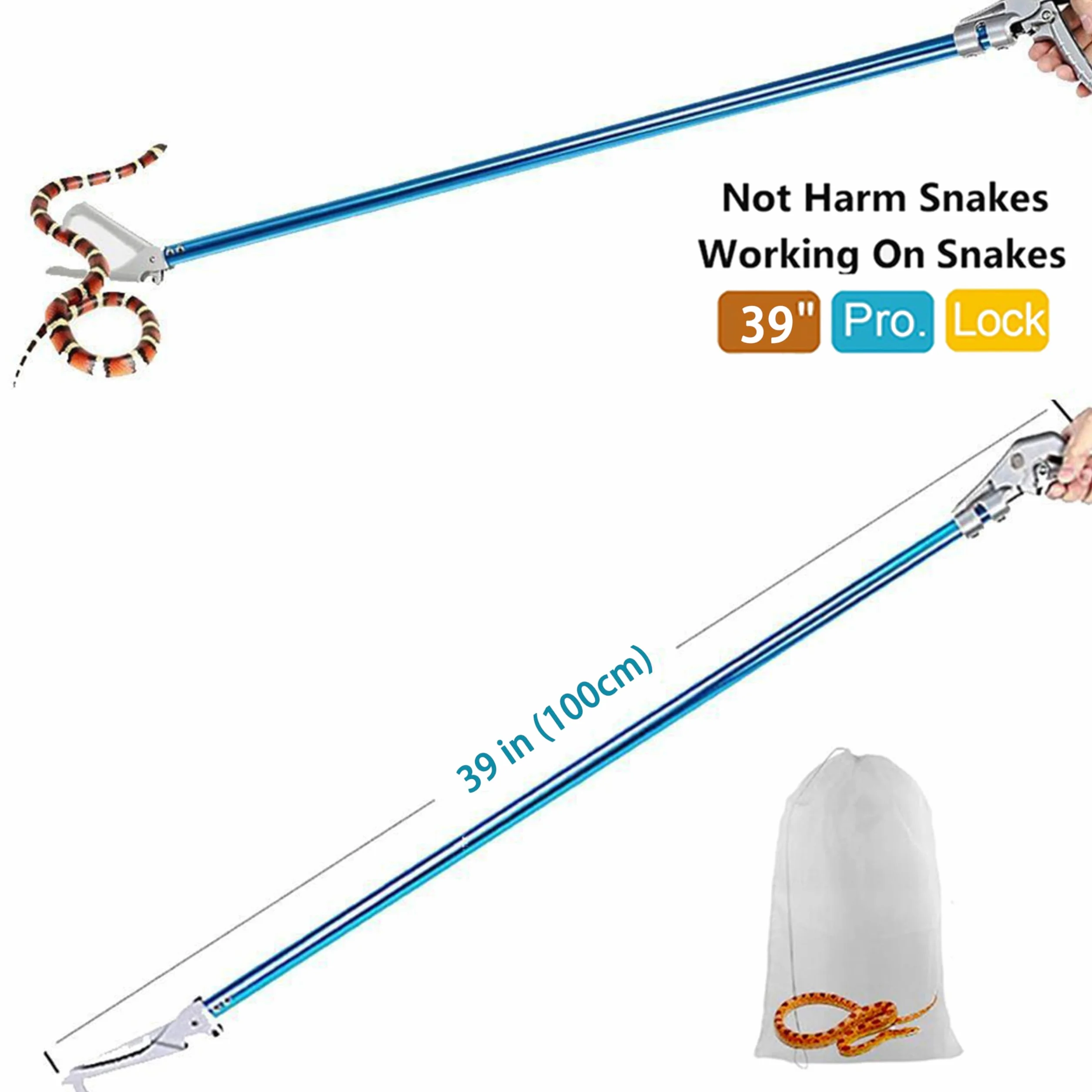 Pinza profesional de aleación de aluminio de 39 pulgadas (100 cm) para reptiles, sonajero, atrapador de serpientes, herramienta de manejo de mandíbula ancha con cerradura y mango de agarre cómodo