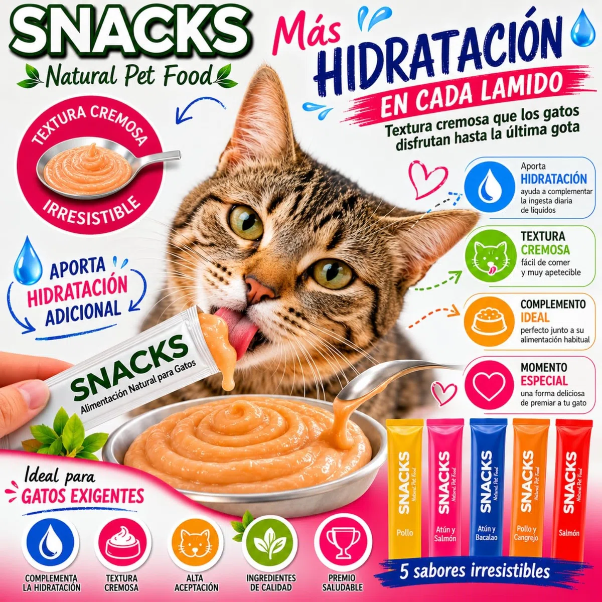 Snacks Gatos - Pack Variado Natural de Snacks Saludables 5 Recetas - Deliciosos Premios con Textura Suave y Cremosa - 1680gr (120x14gr)