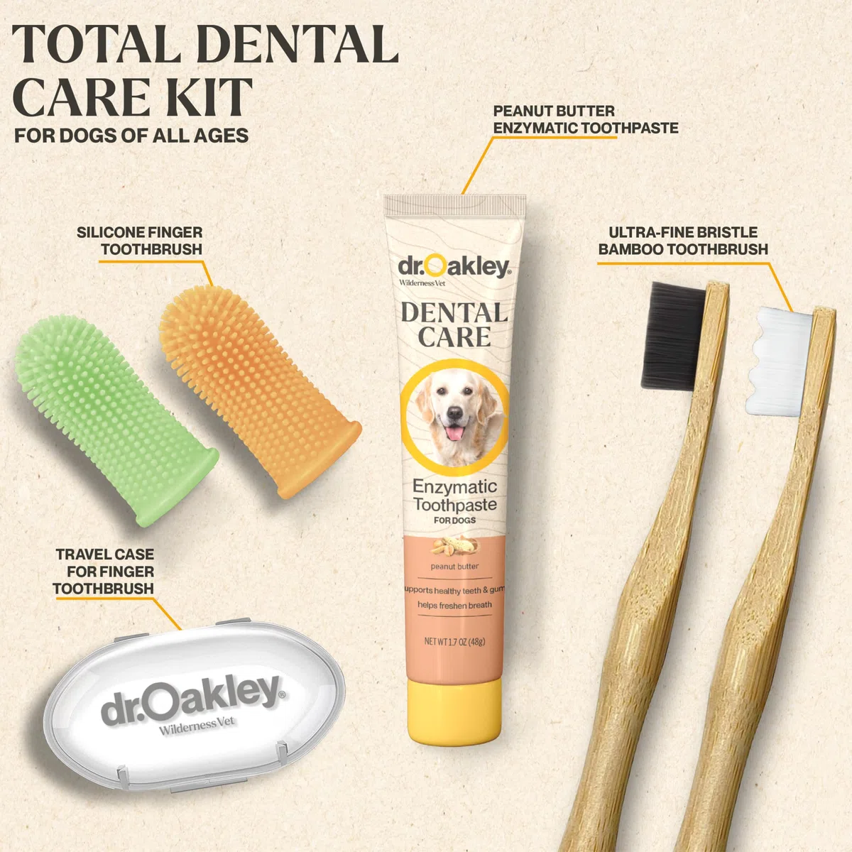 Dr. Oakley Total Dental Care Kit para perros: Sabor a mantequilla de maní, pasta de dientes, cepillos y estuche, natural