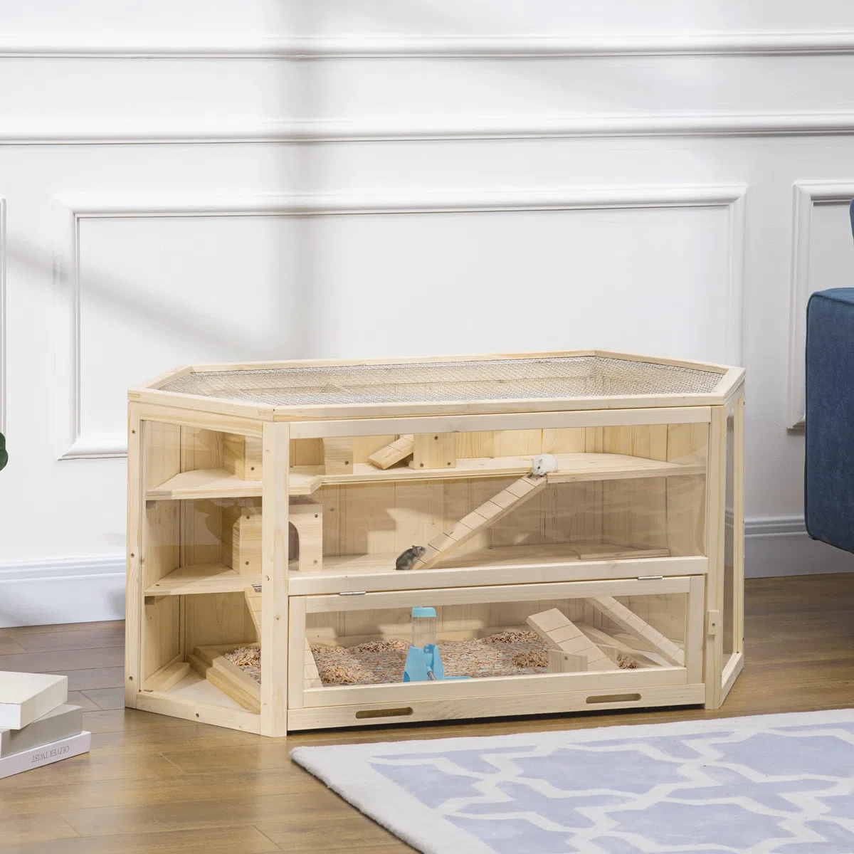 PawHut Jaula para Animales pequeños, Jaula para roedores, con rampa, balancín, Jaula Superior abatible Bandeja Inferior extraíble Madera de Abeto PS Natural 115 x 60 x 55 cm