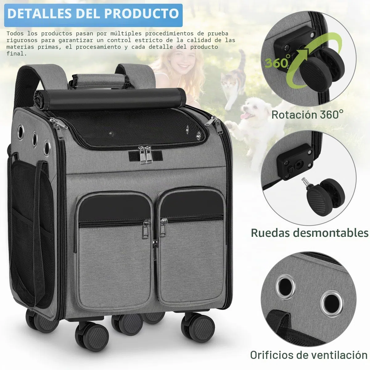 OUUTMEE Con carro 2 en 1 hasta 20 kg, mochila para gatos grande con ruedas, mochila multifuncional, transpirable, gris