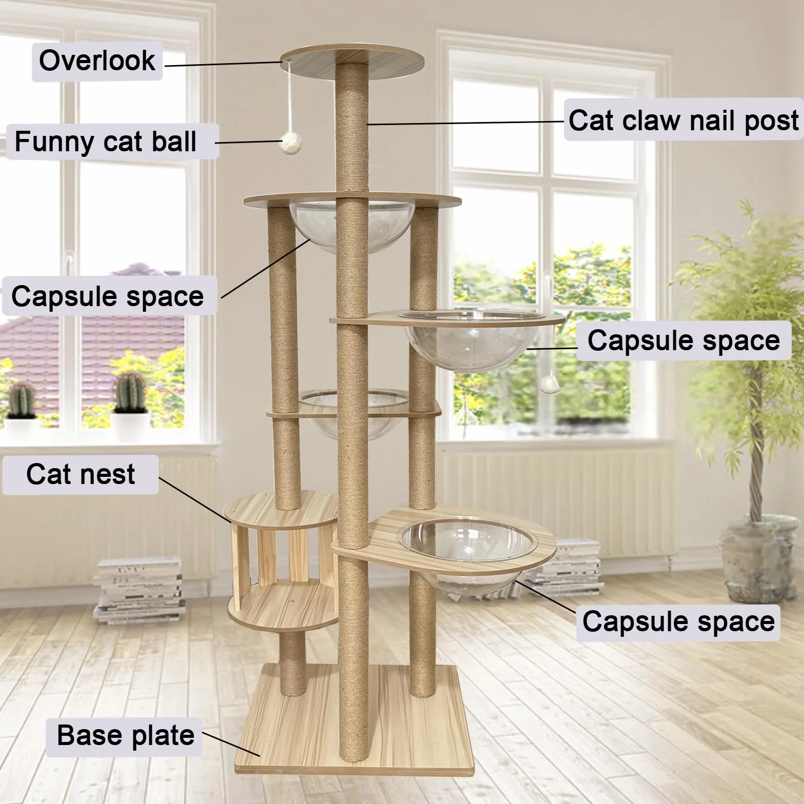 Mdpetpops Árbol rascador para Gatos de 183 cm, Grande, con 4 cápsulas, Yute, Columna rascadora, Escalera, Cueva, Juguete para Gatos, Color Madera YN-105