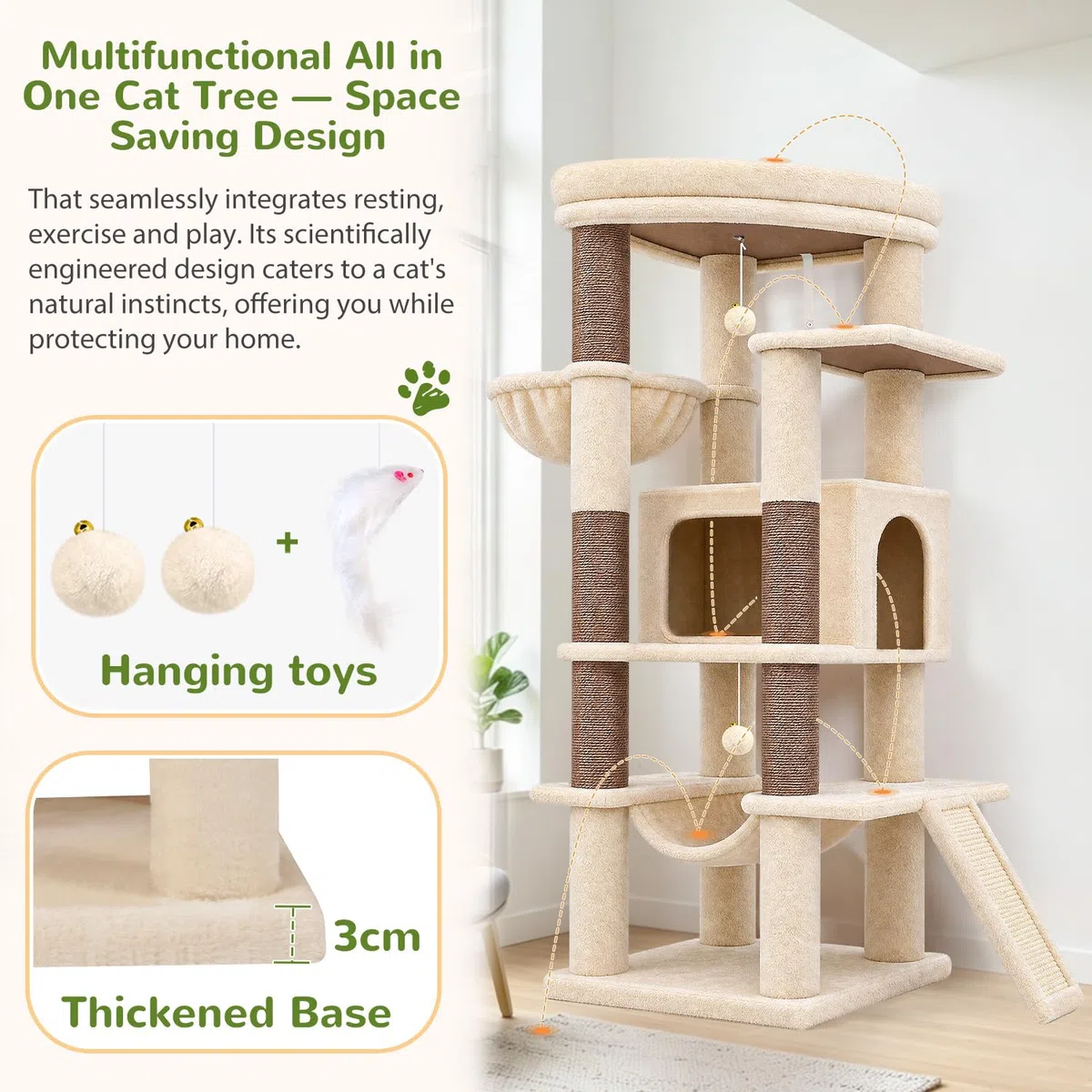 Globlazer Árbol Rascador Beige Estable con Inmenso Acolchada Plataforma 48*48CM, Grande Nido, Hamaca, Pendiente de Sisal, Cesta, Árbol Rascador 143 cm para Múltiple Gatos Adulto Interior (S56, Beige)