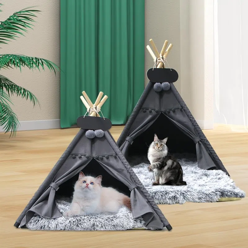 Mascotas Tipi Tienda de campaña para perros con alfombra de felpa lavable para gatos, cama para perros y gatos, casa de juegos, 70 x 70 x 80 cm
