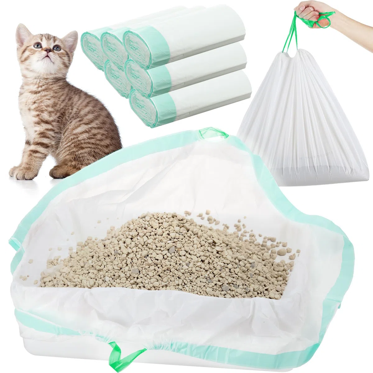 Thenshop 60 forros para caja de arena de 36 x 18 pulgadas, bolsas jumbo con cordón, suministros para gatos, bolsas desechables extragrandes, bolsas de arena para gatos para basura y basura (verde)