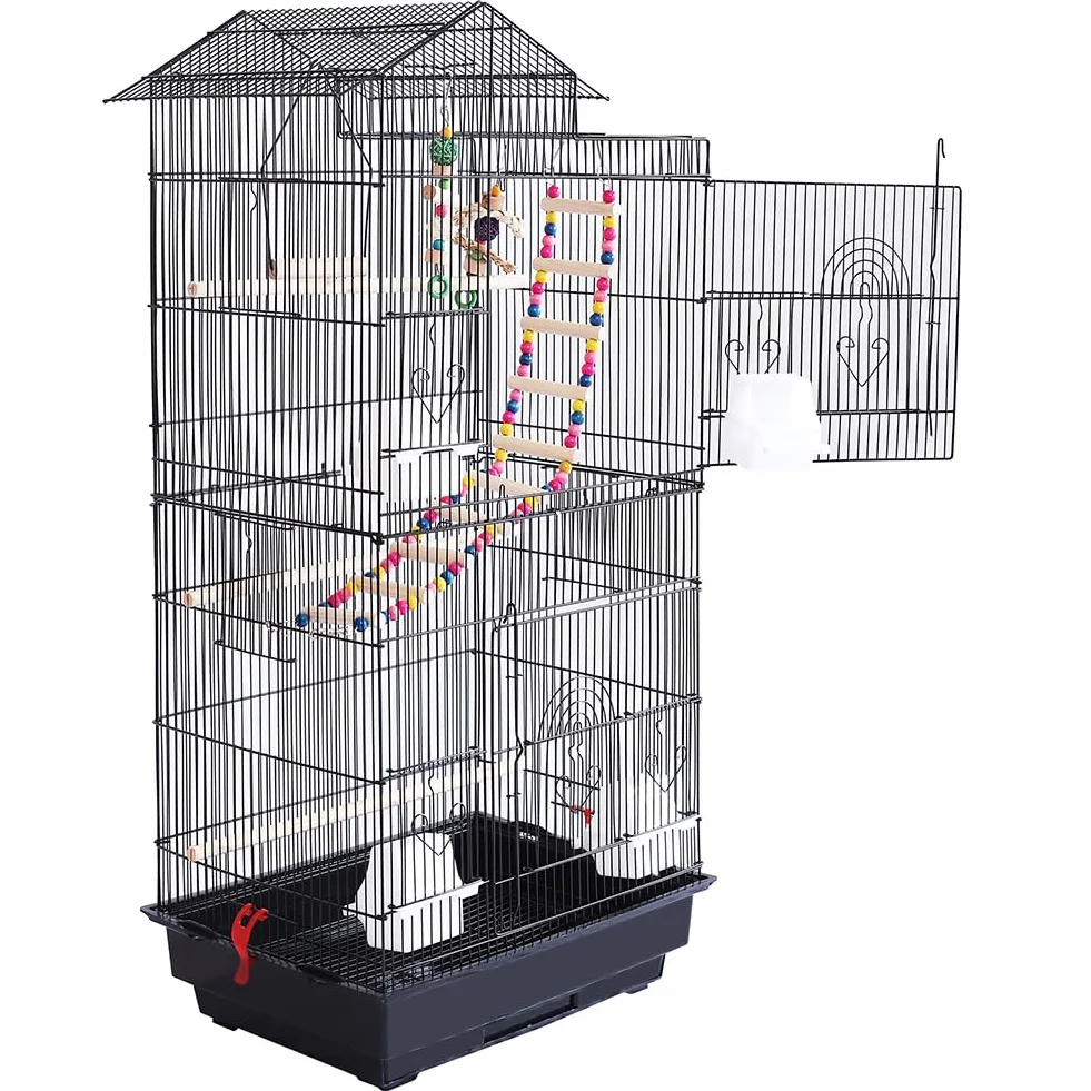 BAKAJI Jaula de Aviones para pájaros, Loros inseparables, calopsite, periquitos, volátiles, de Metal y Madera Negra con Juguetes, Accesorios, Jaula con Escalera y Bandeja extraíble
