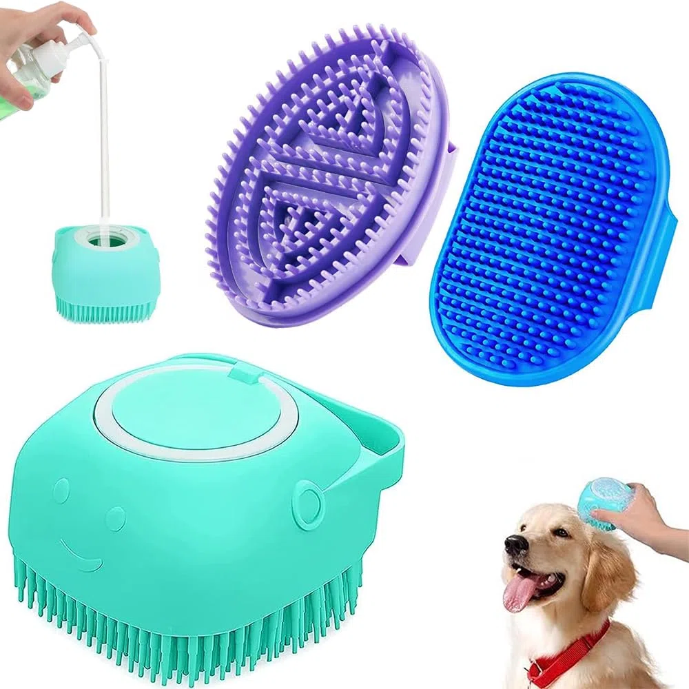 3 cepillos de baño para perros, cepillo de champú para perros para baño, no se resbala, ducha de mascotas, cepillo de lavado de masaje con mango de anillo ajustable para perros y gatos de pelo corto y