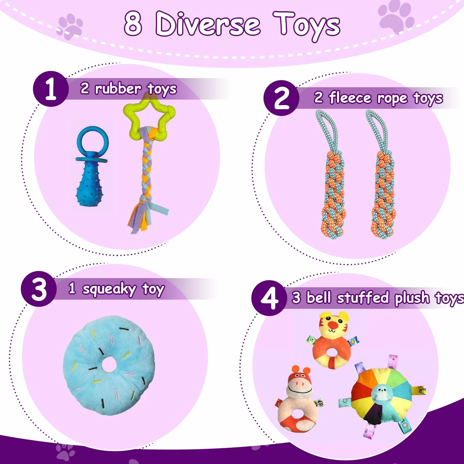 Estudio de juegos para cachorros con 8 juguetes colgantes, marco de PVC morado, centro de actividades para perros pequeños, estudio de juegos para cachorros para perros pequeños, paraíso con