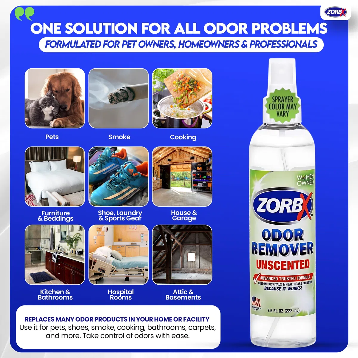 ZORBX Eliminador de olores sin perfume para olores fuertes, utilizado en hospitales e instalaciones sanitarias, fórmula avanzada, spray removedor de olores de acción rápida para perros, gatos, casa y