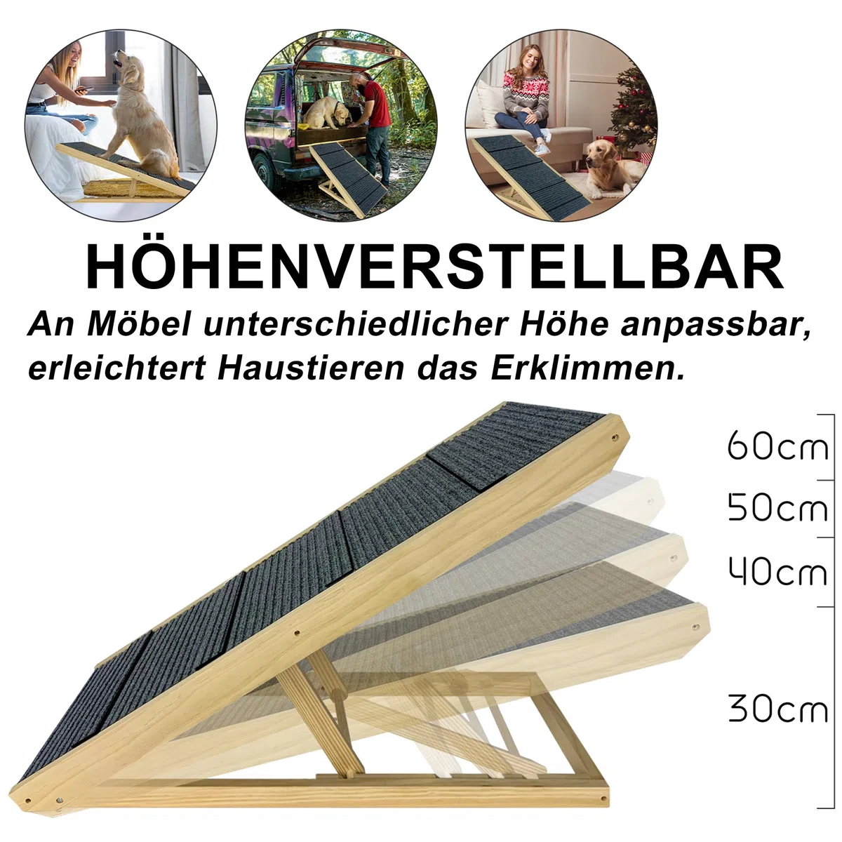 YRHome Lámpara plegable para perros de madera, para cama, sofá o coche, escaleras para mascotas, hasta 100 kg, portátil, para gatos, altura regulable, con inserto antideslizante,100 cm