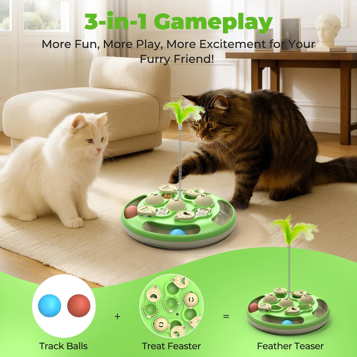Juguete interactivo para gatos nivel 3 en 1 con bolas de seguimiento de pluma y alimentador | Base antideslizante | Enriquecimiento mental para gatos de interior | Regalo para gatitos, verde