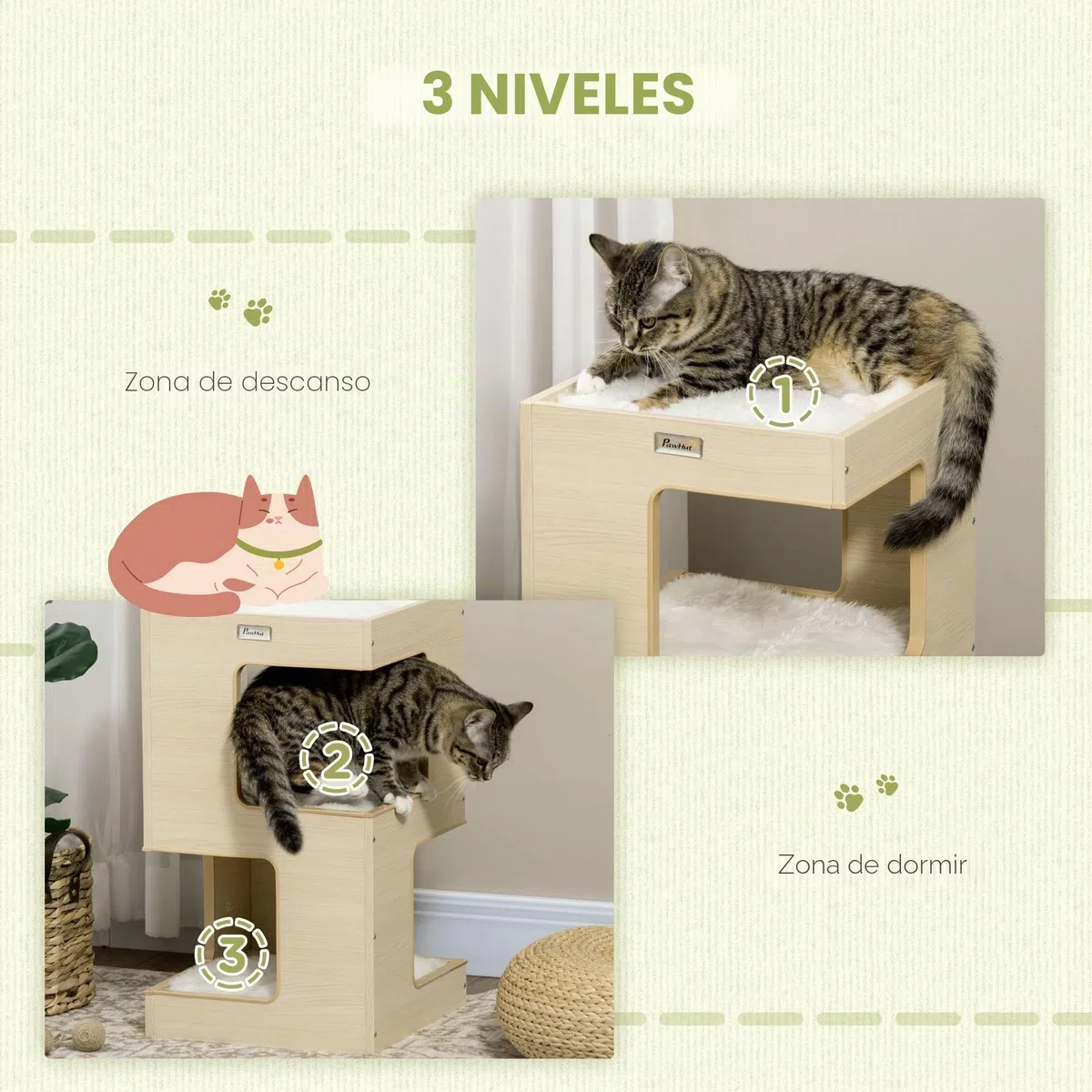 PawHut Cueva para Gatos, Armario para Gatos de 3 Niveles con Cojines, cabaña para Gatos, casa para Gatos con Juguete Falso de ratón, Muebles para Gatos, Interior, Roble, 34 x 34 x 60 cm | Cama para gatos, tienda de campaña, casa para mascotas
