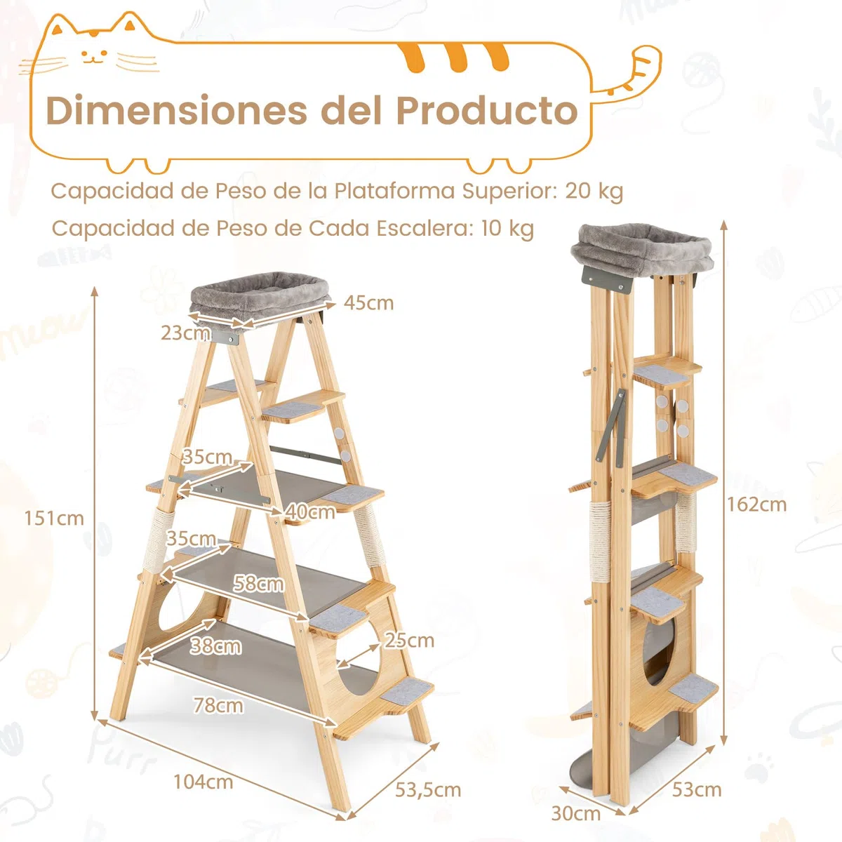 COSTWAY Árbol para Gatos de Madera Maciza, 151 cm, Rascador Gato Plegable con Escalera, Torre Alta para Gatitos de 5 Niveles con Cama, Perchero Tapizado y Poste Rascador de Sisal, Natural y Gris