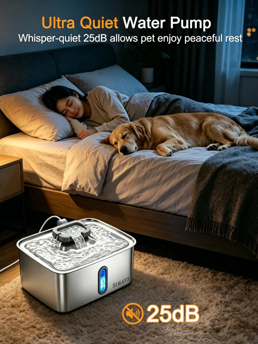 SIBAYS Fuente de agua para perros de 4 galones/15 L para perros grandes, fuente de agua de acero inoxidable para mascotas, dispensador automático ultra silencioso con ventana de nivel de agua y luz