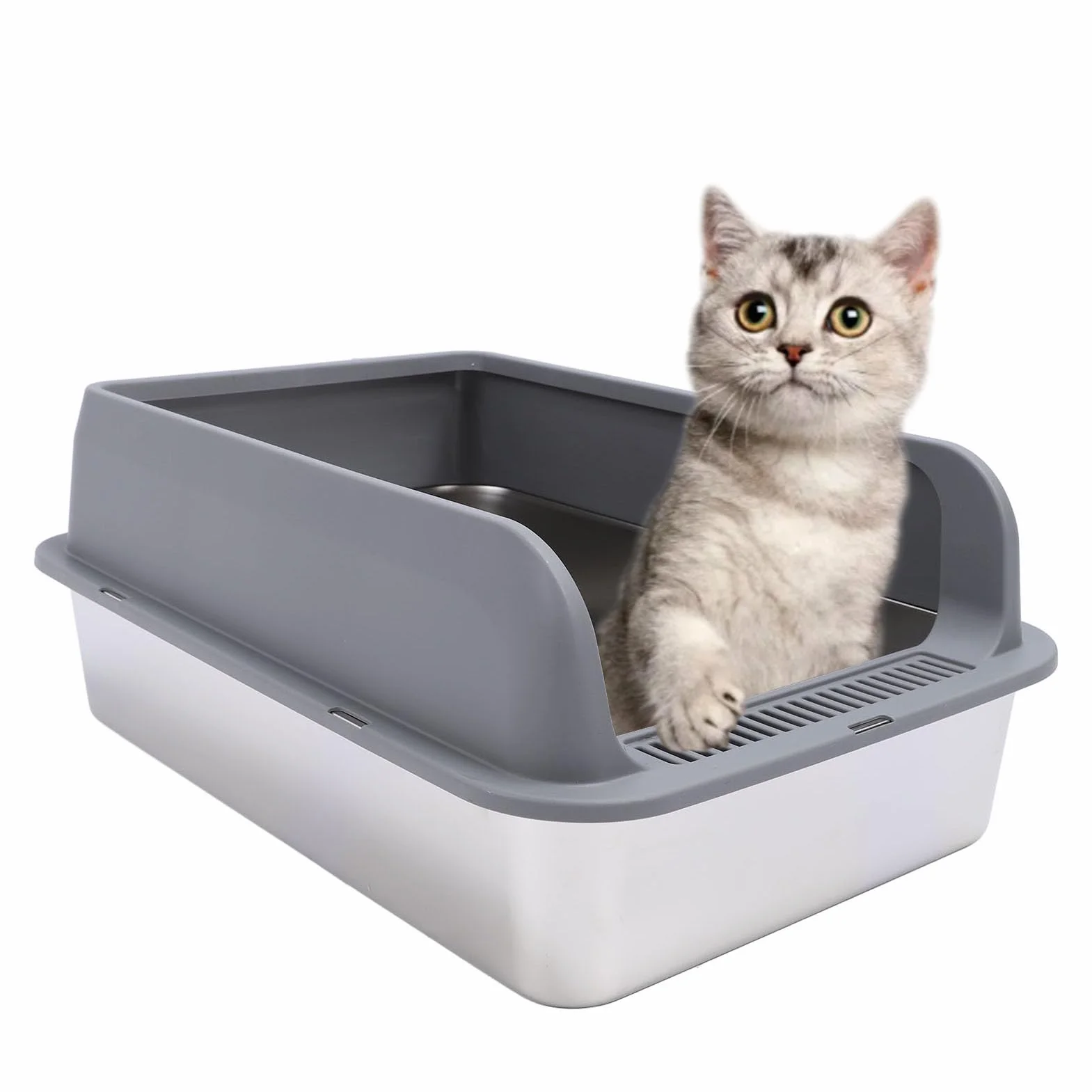 Caja de arena cerrada de acero inoxidable, caja de arena para gatos de cara alta con tapa, espacioso diseño semicerrado para gatos grandes, sin olor y fácil de limpiar (grande: aprox.