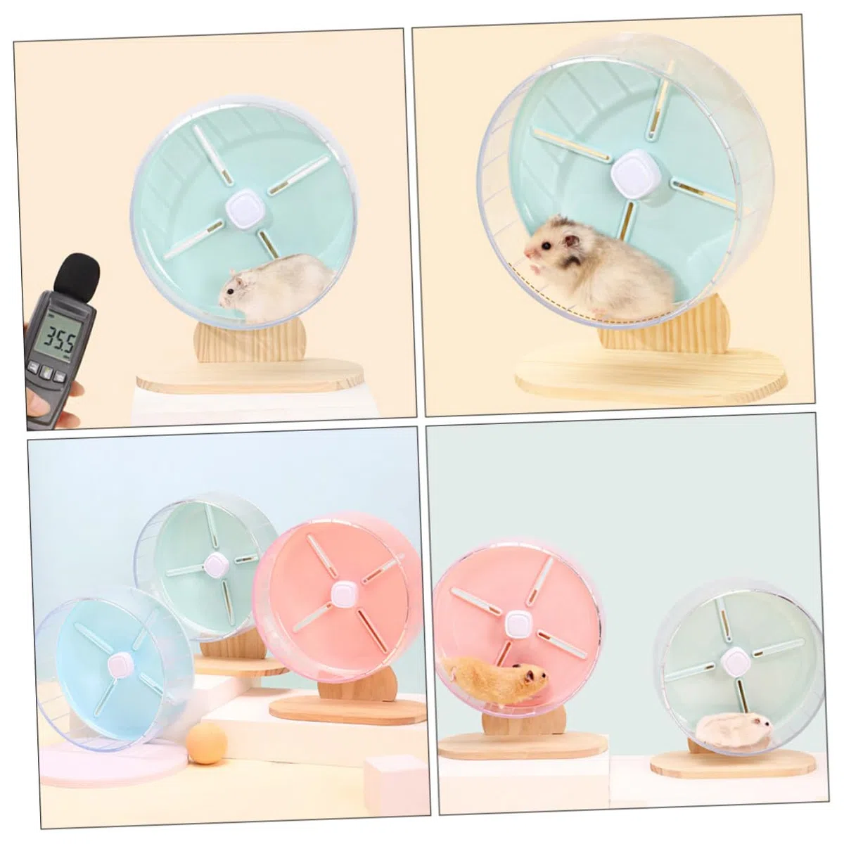 Rueda Silenciosa para Hámster con Soporte Estable Juguete para Ejercicio de Pequeños Roedores como Erizos y Chinchillas Azul con Base de Madera para Jaulas