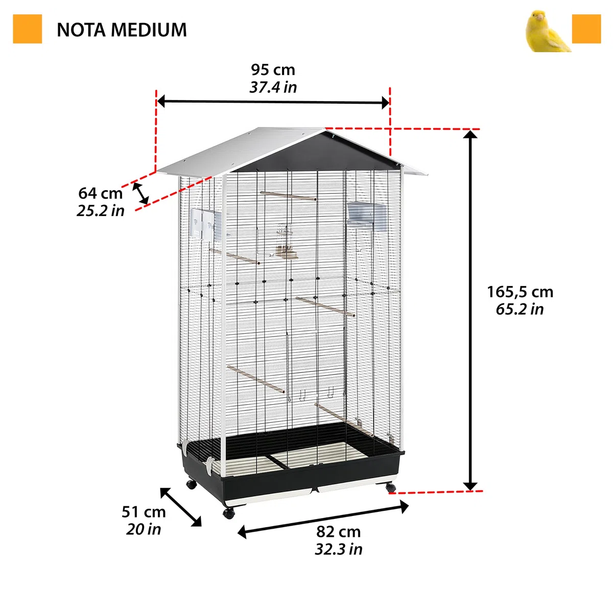 Ferplast Jaula para Pájaros, Aviario Nota Medium Exterior Interior Pájaros, Canarios, Periquitos, Cotorras, Agapornis, de Metal, Todos los Accesorios Comedero Perchas Ruedas, 95 x 64 x h 165.5 cm.