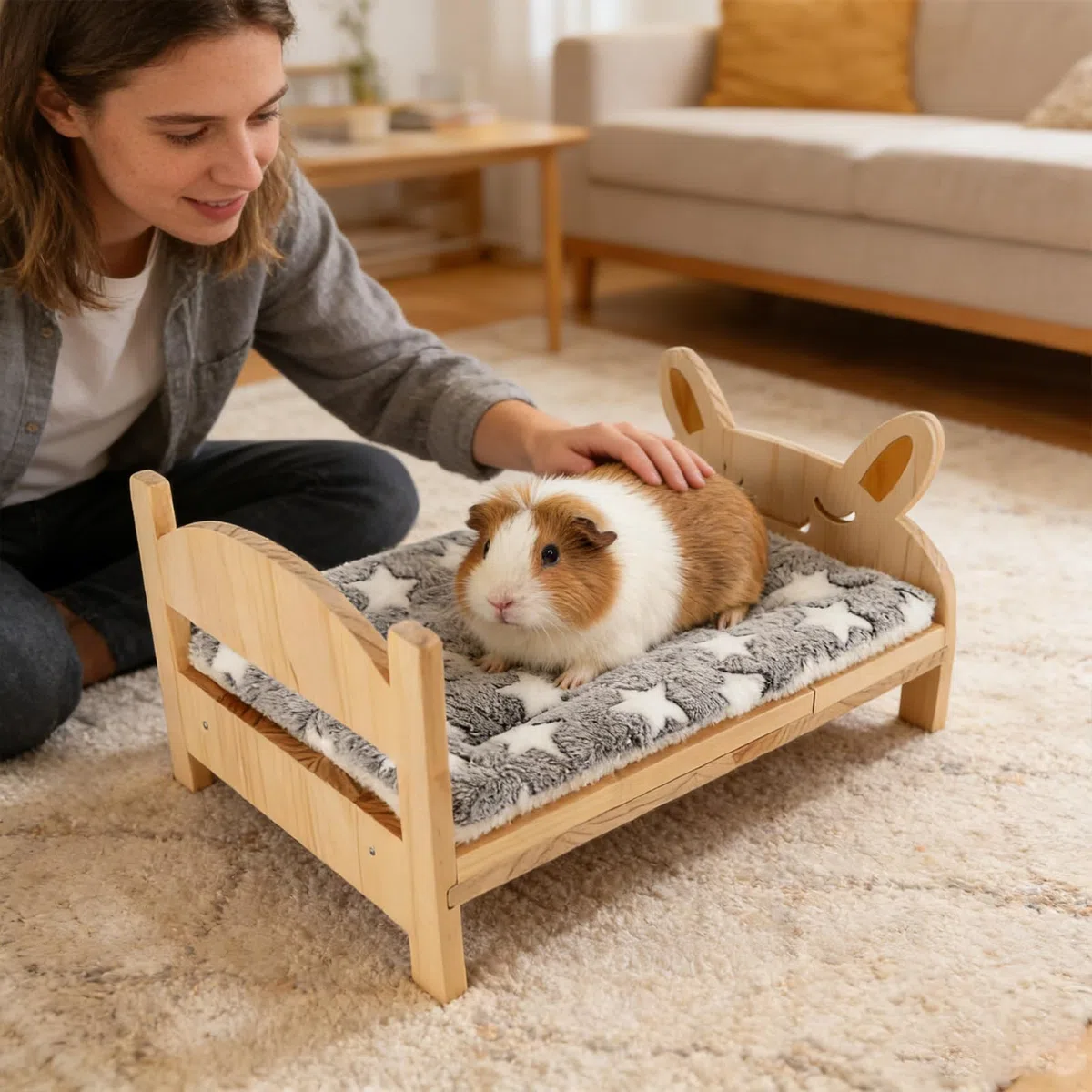 Ferret Bed, Cartoon Tiny Pet Habitat with Soft Mat, Wooden Detachable