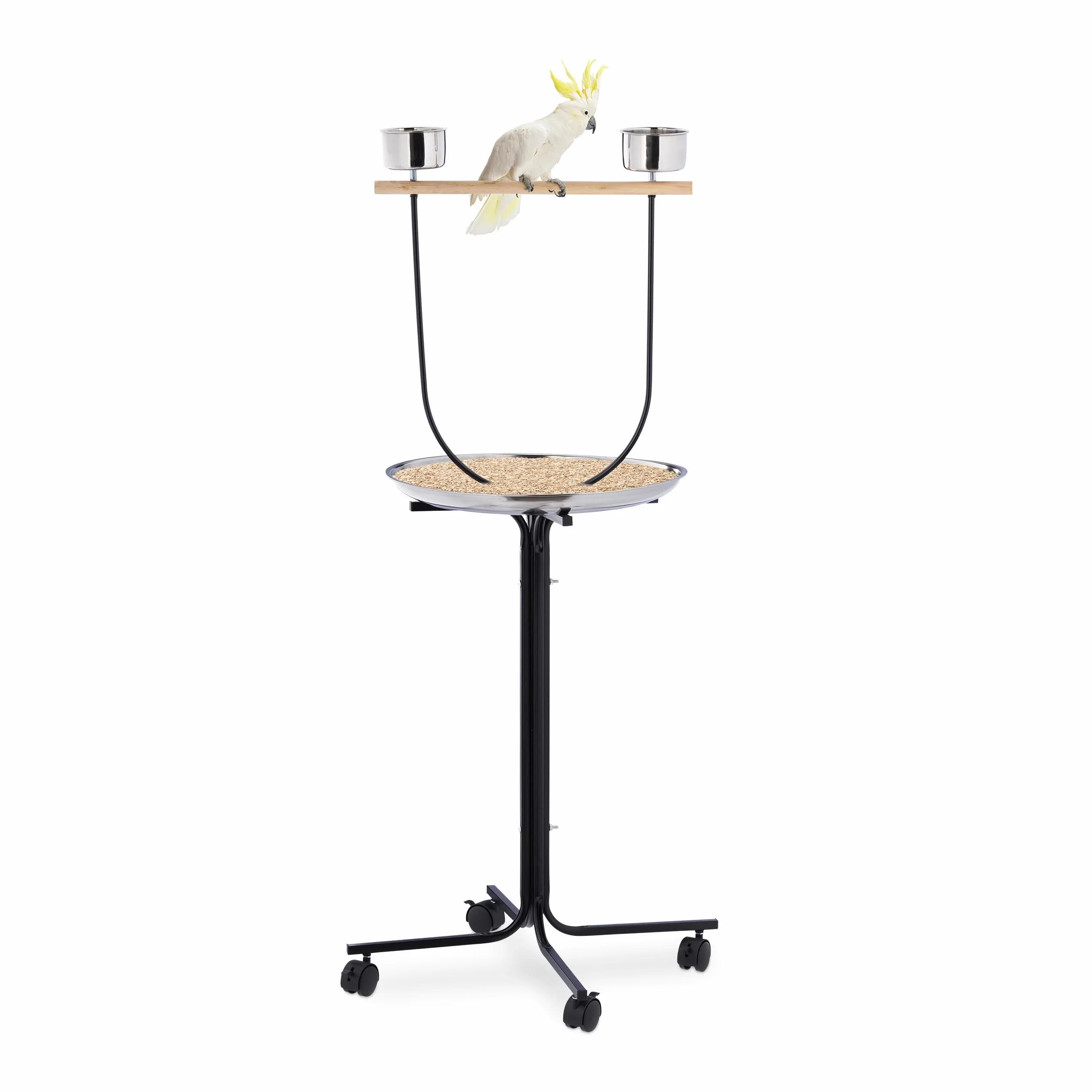 Relaxdays Percha para Loros, Barra para Aves, 2 Comederos, Bandeja Inferior, Móvil, Metal, Accesorios Pájaros, Negro