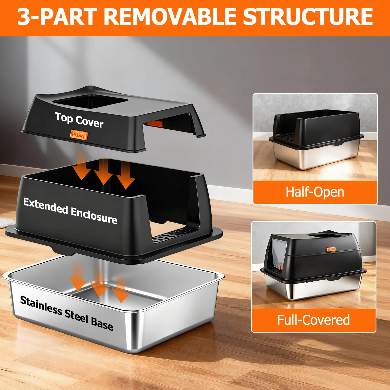 Arenero para Gatos de Acero Inoxidable, XL Caja de Arena Gato Cerrada con Tapa, Doble Entrada y Alfombrilla Antiderrames, Bandeja Antifugas para Gato Grande y Multiuso Cat Litter Box