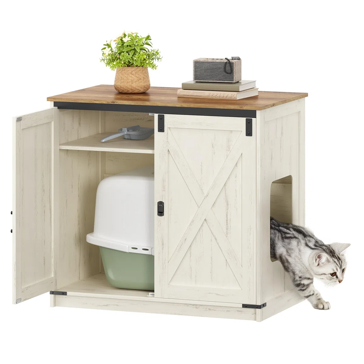 Hzuaneri Arenero para Gatos, Armario Oculto con Espacio de Almacenamiento, Caseta con Imanes, Estilo Rústico, 80 x 50 x 79,5 cm, Apto para Pasillo y Dormitorio, Blanco Marrón CB85414X