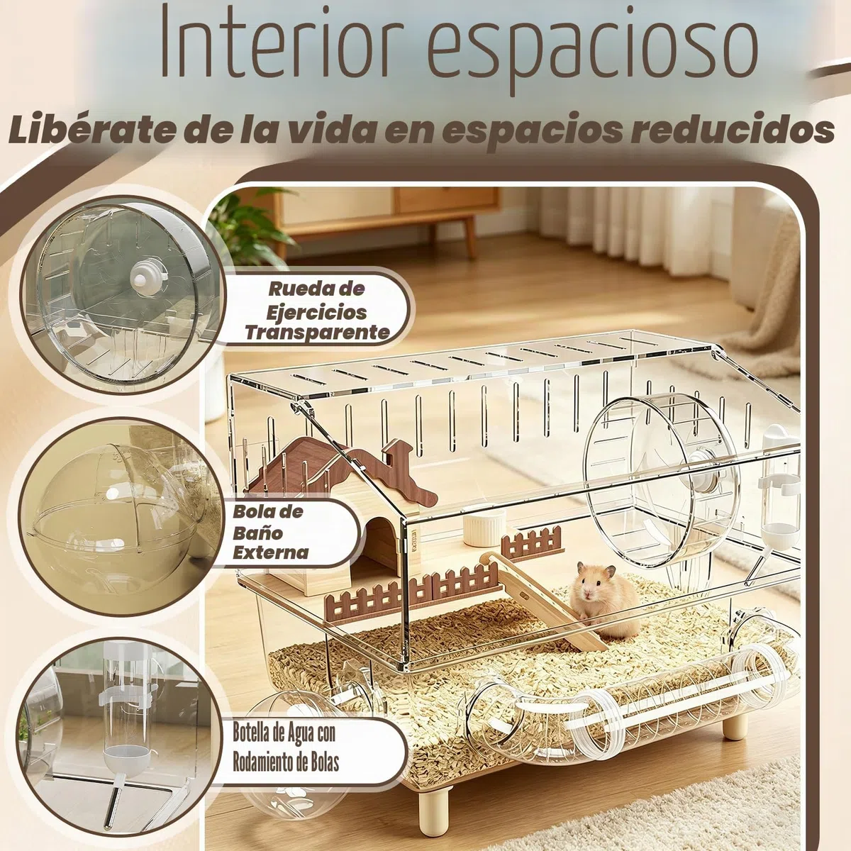 Jaula Hamster, 43 x 30 x 34 cm Jaula Grande para Hámster de Acrílico con Zona de Descanso Rueda de Ejercicio Túnel Baño Exterior Tetera y Comedero para Animales Pequeños para Jugar y Retozar
