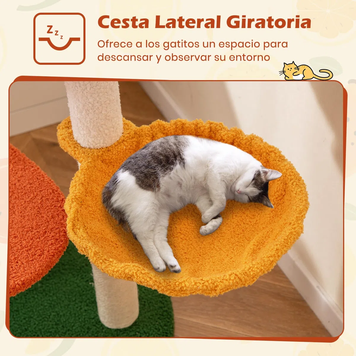 GOPLUS Árbol para Gato de Múltiples Niveles, Centro de Actividad con Plataformas en Forma de Frutas, Percha Acolchada, Postes para Rascar de Sisal, Cesta Giratoria, Mueble Torre Interior para Gatos