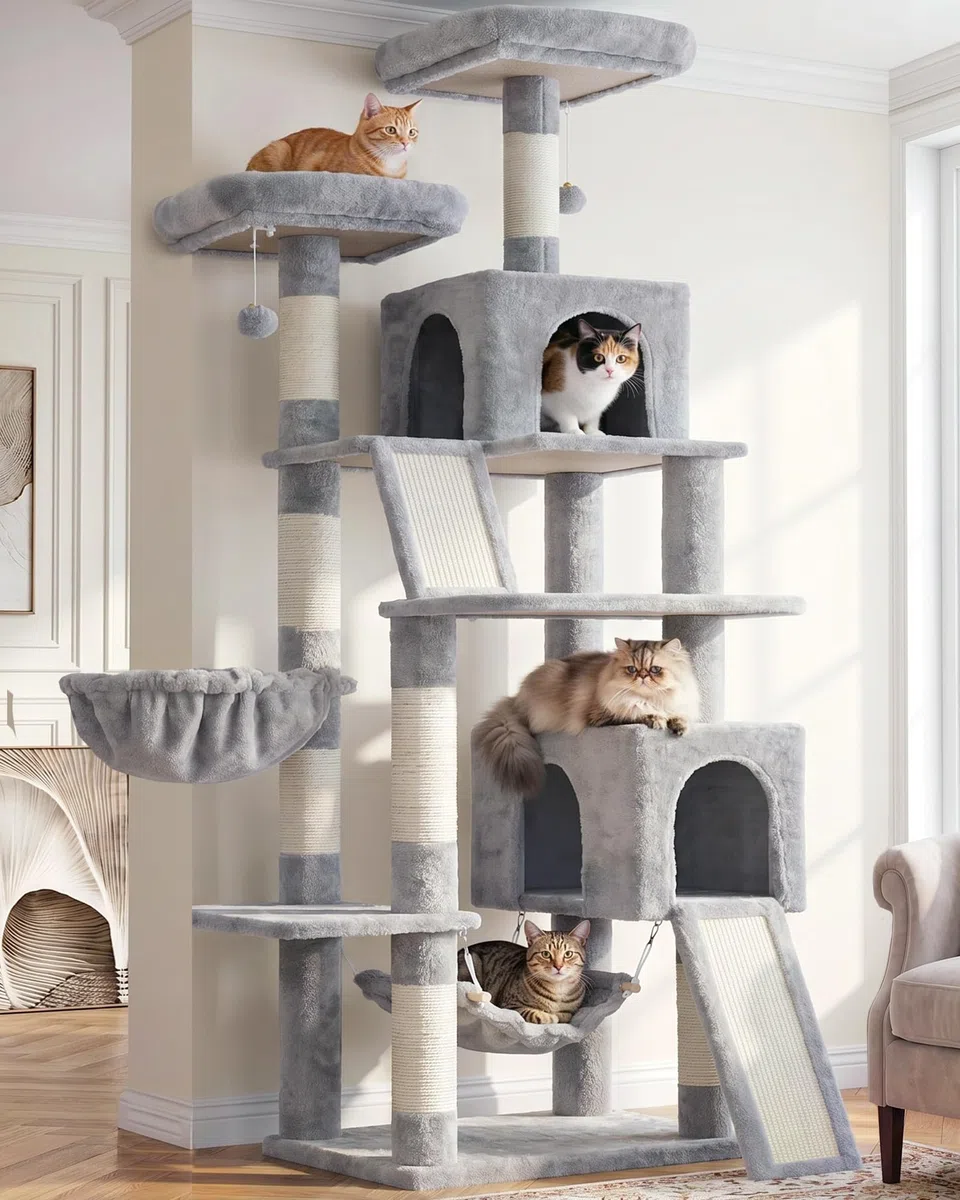 Gitelsnour rascador para Gatos de Interior, árbol para Gatos de 180 cm, con 2 rascadores, 7 Postes, Pompones, Hamaca, Gris Claro GCT032W