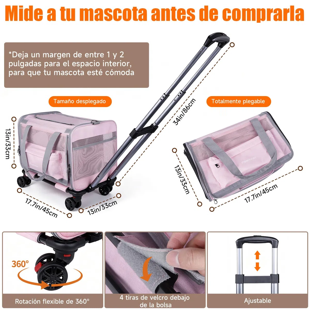 Nueva Bolsa Transporte Transpirable para Mascotas 45x33x33 cm | Transportín para Mascotas con Ruedas Desmontables y Correa Ajustable, para Mascotas Pequeñas y Medianas de hasta 9 kg (Rosa)
