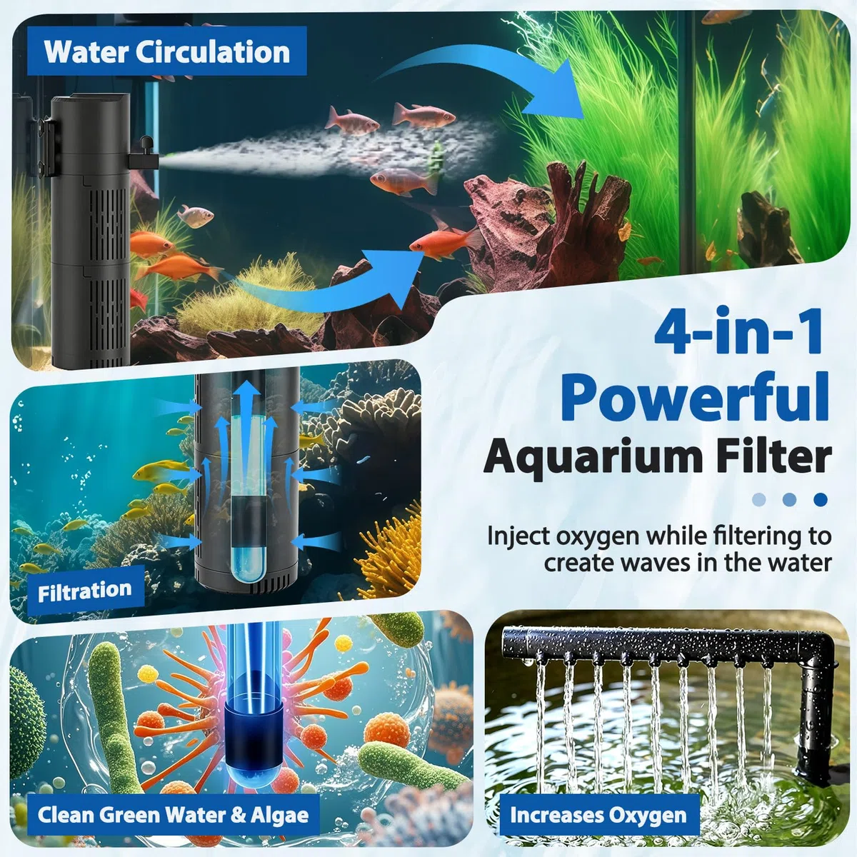 Filtro interno UV para peceras con luz UV, bomba de filtro de acuario 4 en 1, controlador de temporizador y ventana UV visible, sistema de filtración multimodo para agua dulce y salada, acuarios de 15