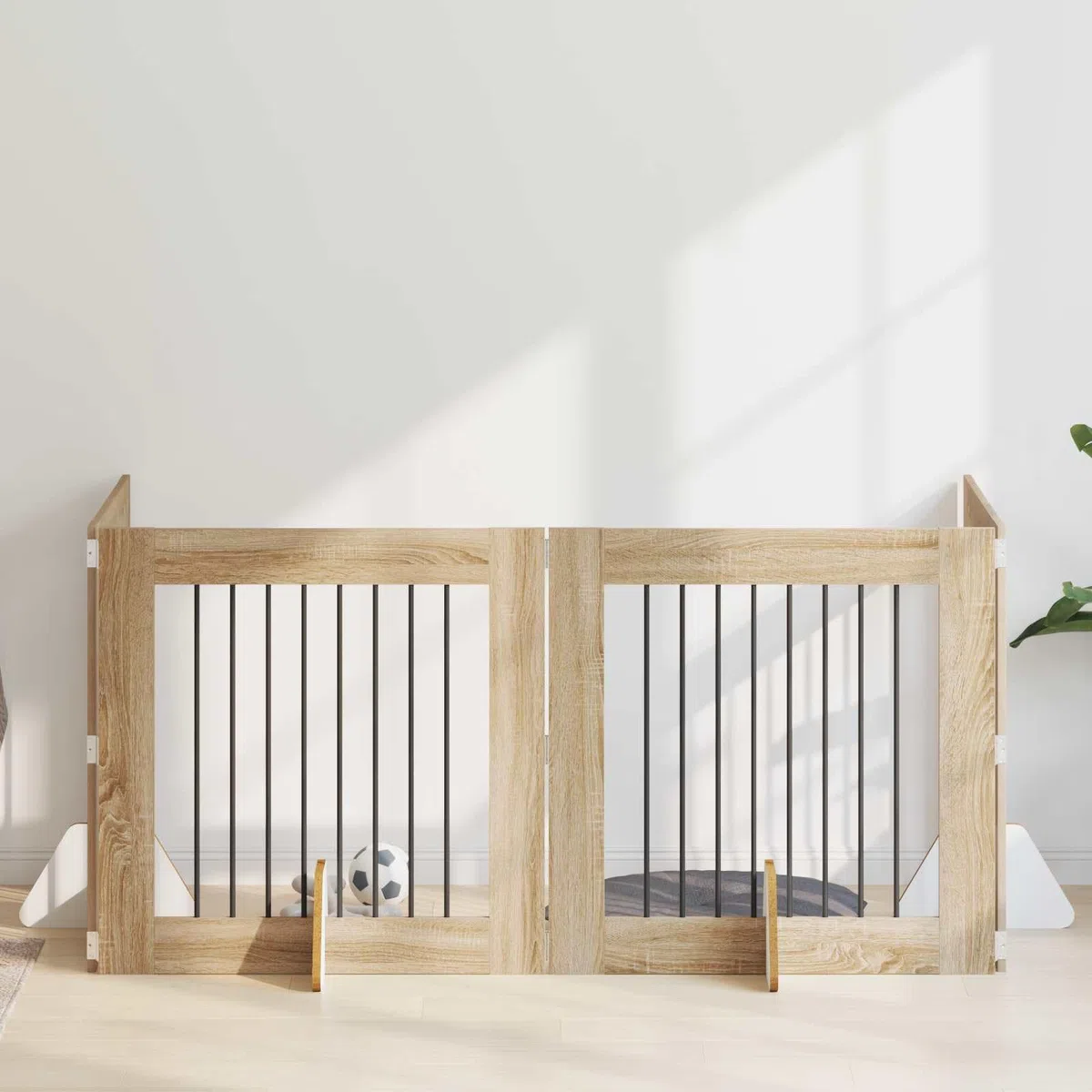 Puerta para perros con soporte, 4 piezas de roble Sonoma, plegable, 80 x 80 cm, vallas de metal para perros, para interior modular, parque de paseo, protección y seguridad para cachorros y