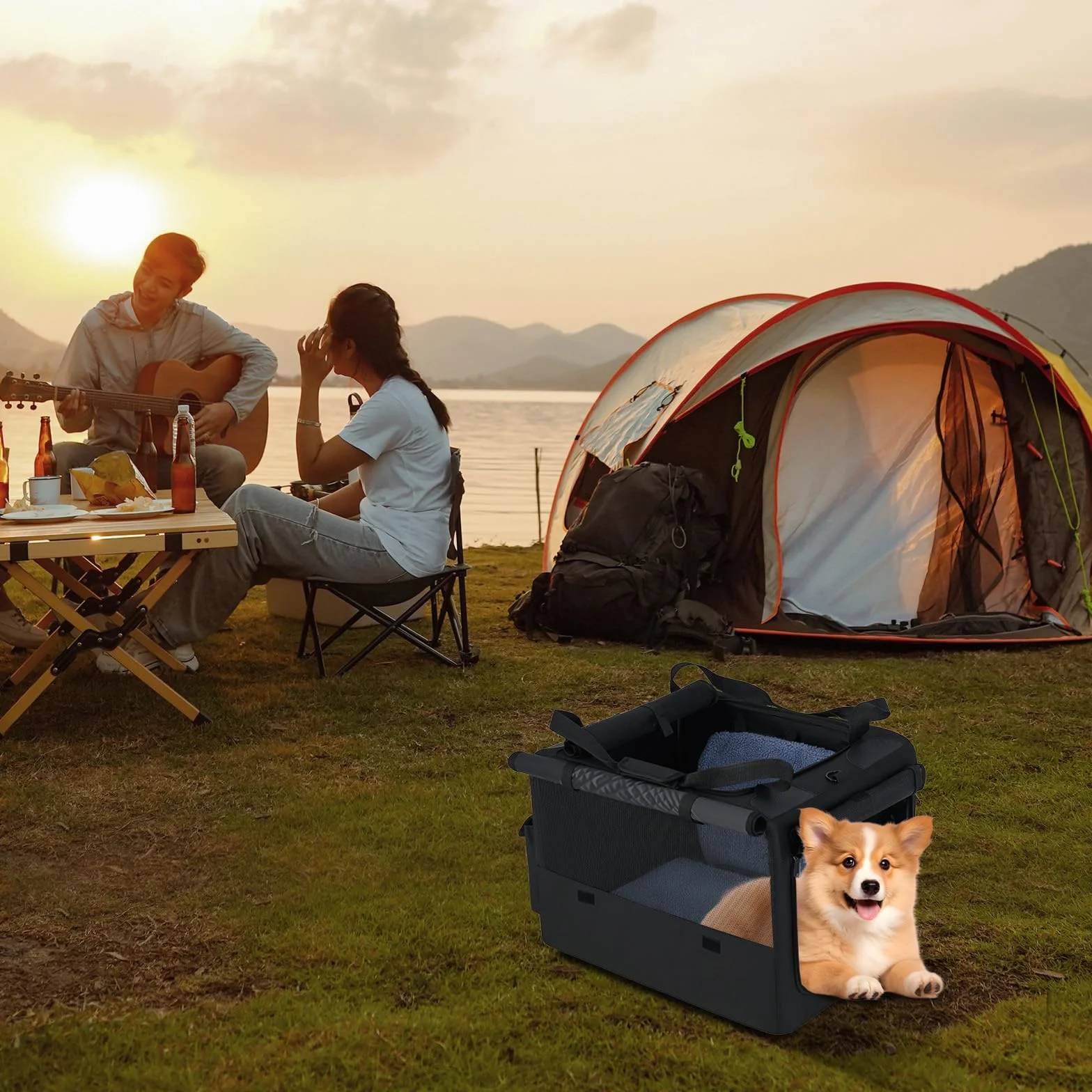 GYMAX Transportín para Perros, Mochila Extensible para Gatos con Ventanas de Malla, Espacio Extra, Bolsillos Laterales y Portavasos, Alfombra Suave, Bolsa para Mascotas Plegable (Negro+Gris, S)