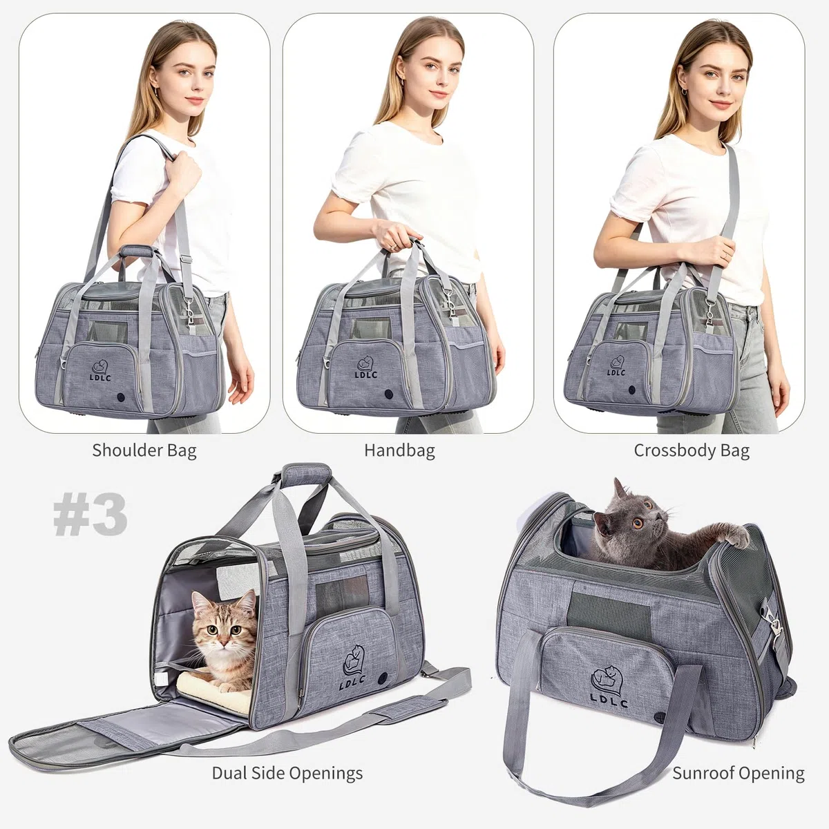 PETCUTE Transportín Perro Gato, Transpirable y Portátil Bolsa de Transporte para Mascotas,Portador de Viaje con Correa de Hombro Ajustable y Cinturón de Seguridad Interno para Tren/Coche/Avión