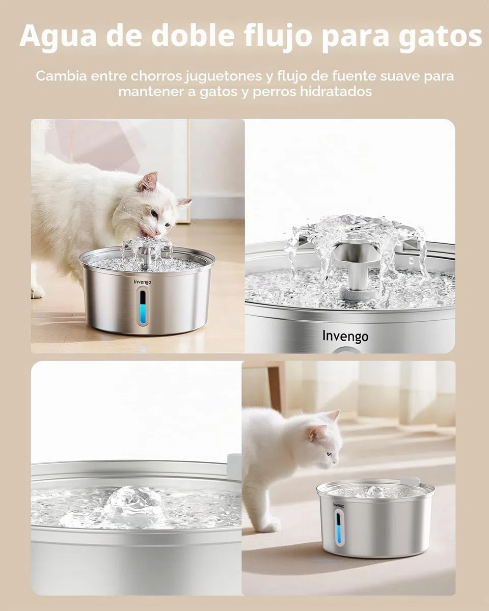 Invengo Fuente para Gatos Acero Inoxidable, 3.2L con Boquilla de Flor, Filtración de 5 Etapas, Ventana de Nivel y Fácil Limpieza - Ideal para Gatos y Perros Pequeños, Incluye 4 Filtros de Repuesto