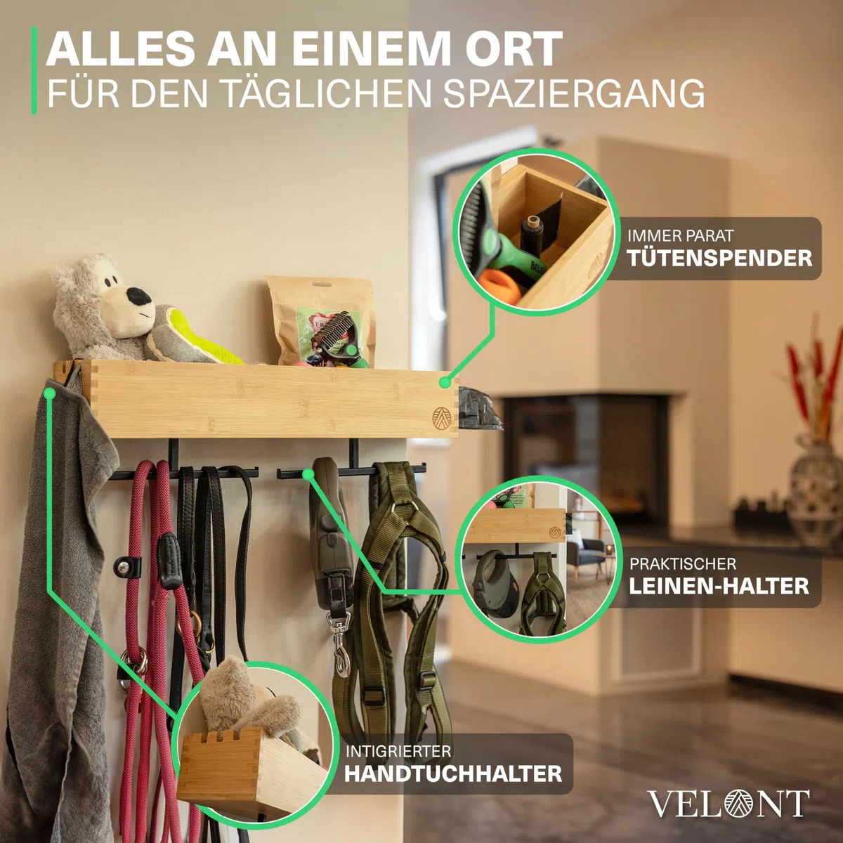 VELONT Perchero XXL con estante, perfecto aparcamiento de lino, bambú respetuoso con el medio ambiente, estación para ropa y accesorios, marca alemana, incluye dispensador de bolsas de excrementos,