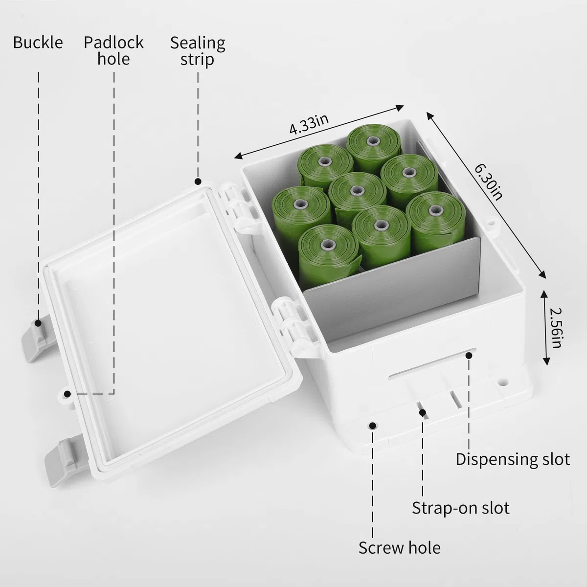 Dispensador de bolsas para excrementos de perro, dispensador impermeable de bolsas para perros para exteriores, con capacidad para hasta 8 rollos de bolsas de residuos, pared al aire libre, estaca,