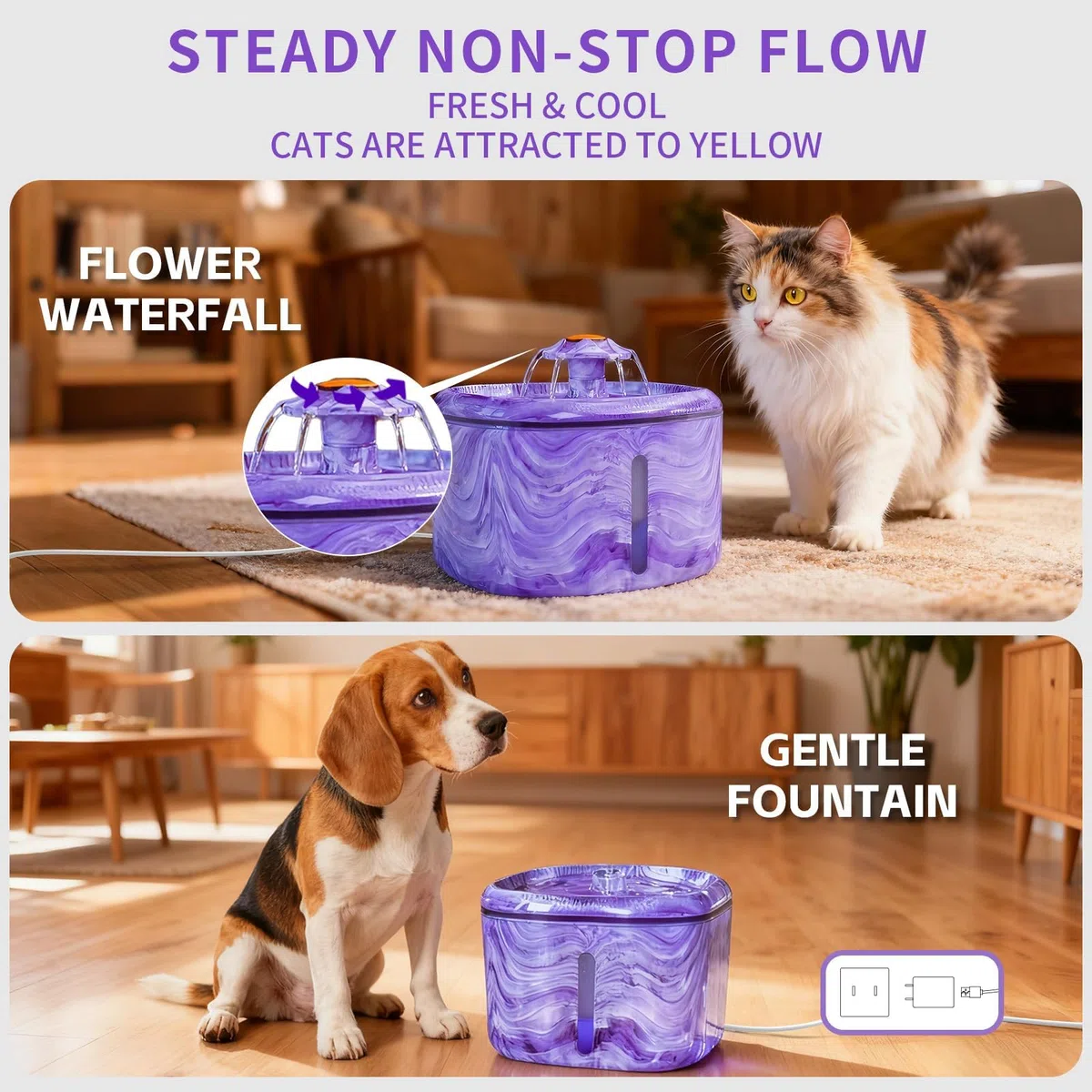 Fuente de agua para gatos morada: fuente de agua automática para mascotas para gatos de interior, 84 onzas/2.5 L, bonita fuente para gatos para beber, luz azul LED, bomba ultra silenciosa mejorada