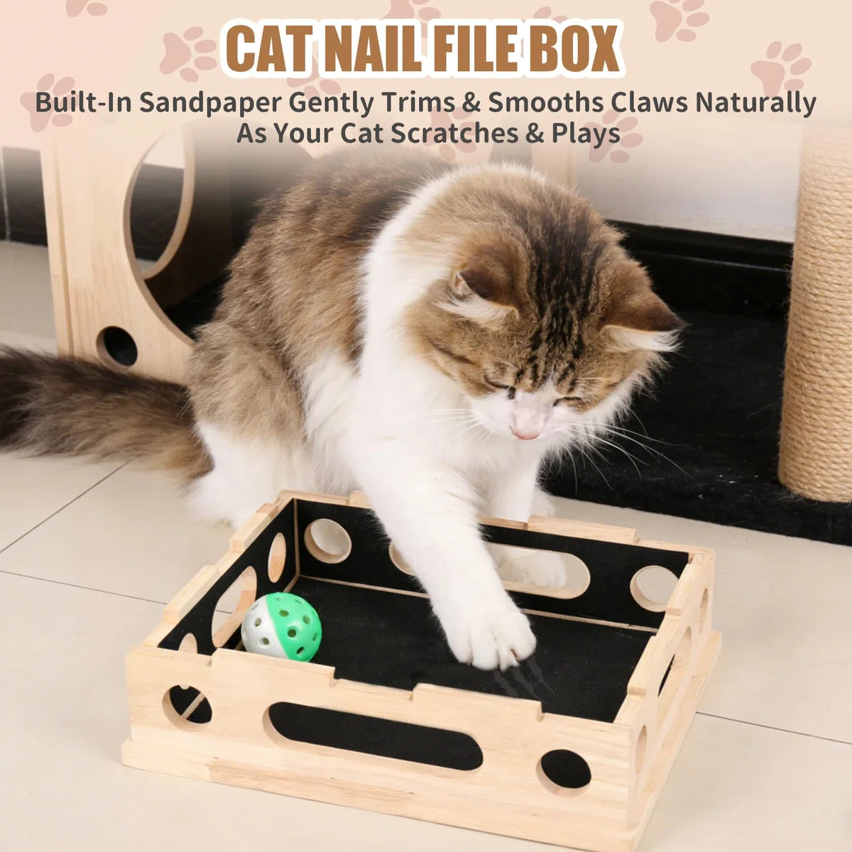 Caja de enriquecimiento de rompecabezas para rascar gatos, caja de enriquecimiento de lima de uñas de gato de madera maciza lisa con papel de lija integrado, caja de lima de uñas para gatos