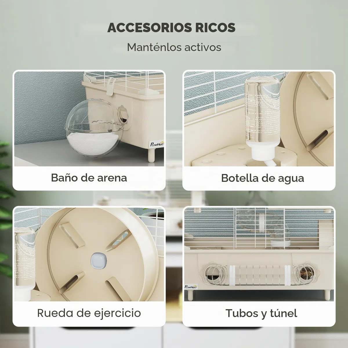 Jaula para hámster PawHut de 2 Niveles y 3 Puertas con Rueda, Caja de Arena y Tubos de Juego, Jaula para Mascotas de Acero, PS y PP, 44,5x28x44 cm, Crema y Blanco | Caja de arena con tubos de juego, jaula para hámster, acero, PS y PP, 44,5 x 28 x 44 cm