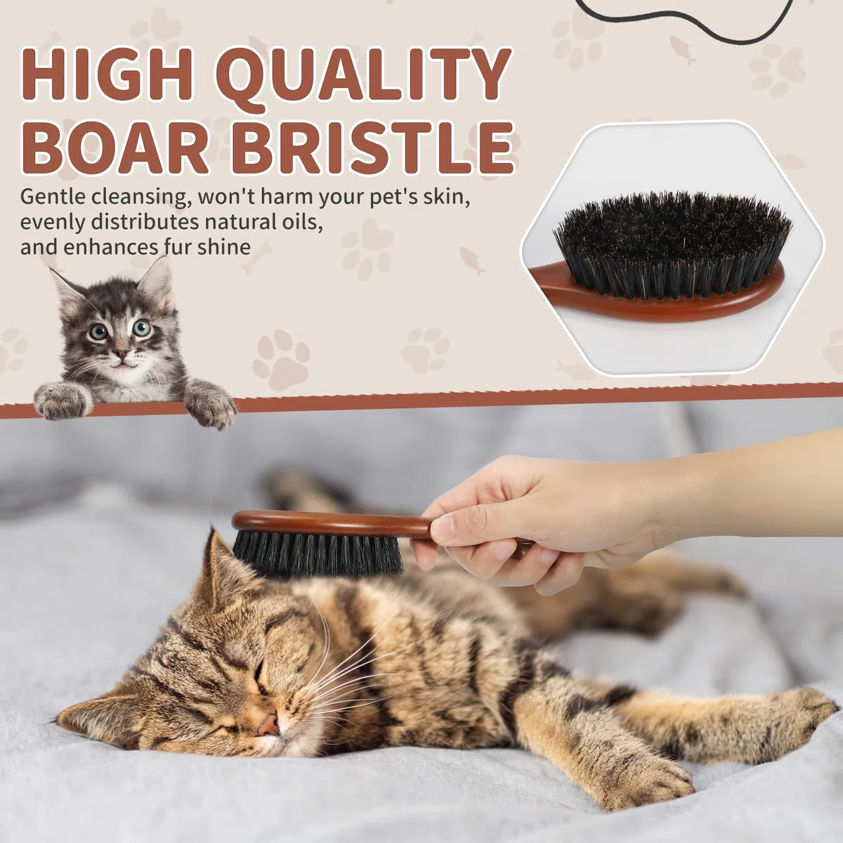 Cepillo y peine de madera para gatos, cepillo de pelo de gato con cerdas de jabalí náutrales para reducir el desprendimiento y mantener el brillo saludable, herramienta diaria de aseo de