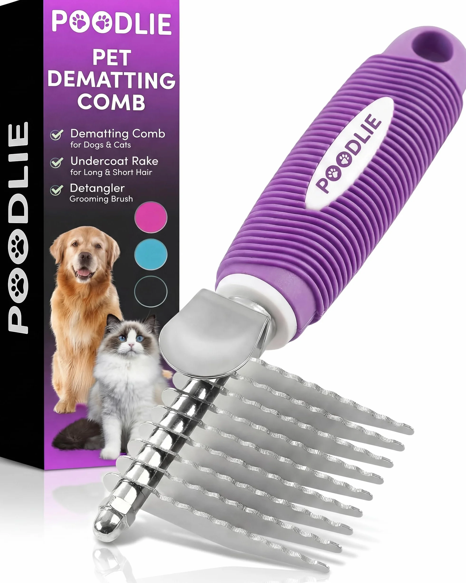 Poodle Pet - Cepillo de rastrillo para desenredar el pelo con cuchillas largas de seguridad de acero de 2.5 pulgadas para desenredar el pelo mate o anudado, accesorios de aseo seguros para perros,