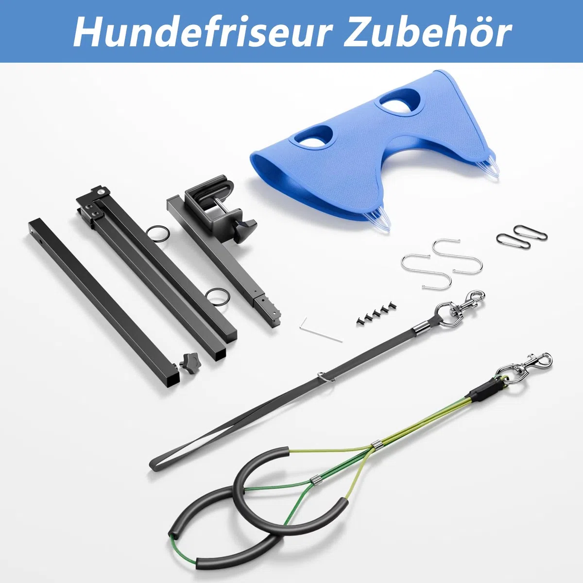 W&H Brazo plegable para aseo de perros con abrazadera de mesa, altura ajustable | 66 – 102 cm, accesorio de peluquería para perros con hamaca y correa antiasiento, para aseo, baño y tijeras