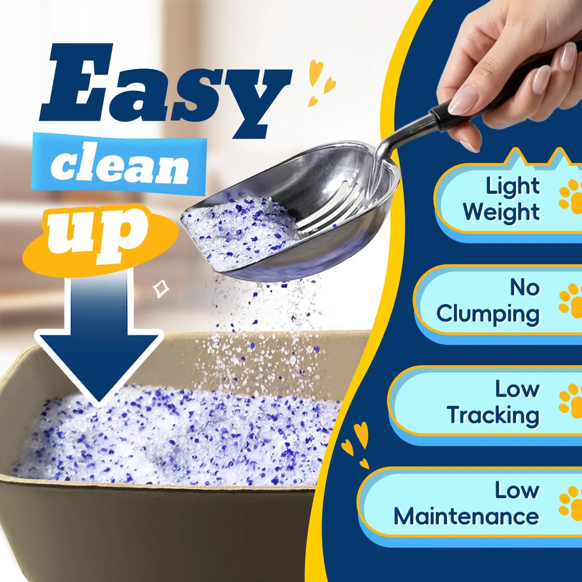 LMJP Arena cristalina para gatos con potente control de olores, no se aglutina, dura hasta 2 meses, 8.5 libras, rápida absorción de agua, sin perfume y de bajo seguimiento, sílice azul y blanco ligera