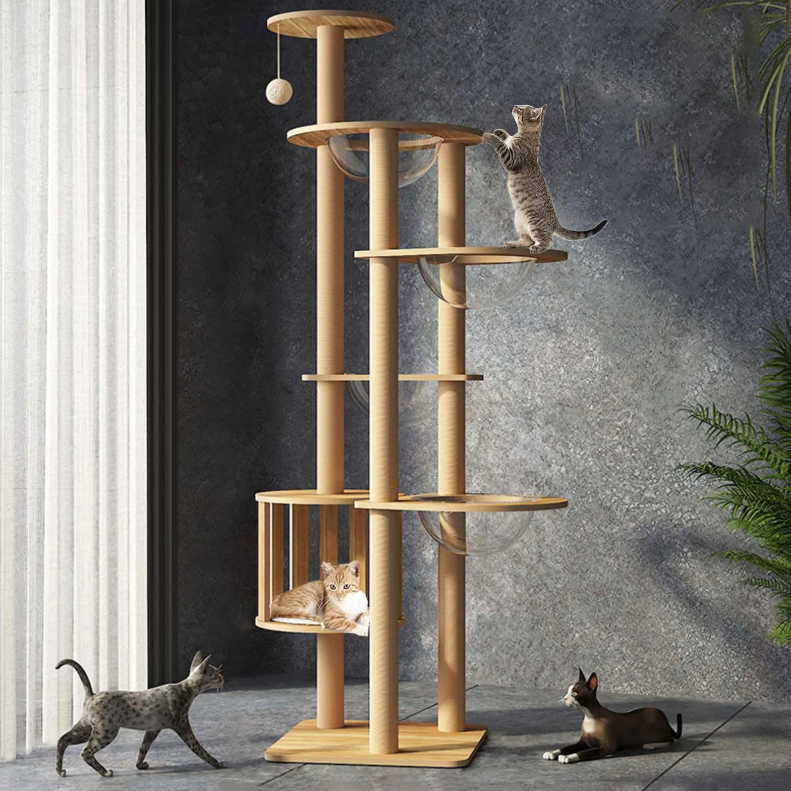 Mdpetpops Árbol rascador para Gatos de 183 cm, Grande, con 4 cápsulas, Yute, Columna rascadora, Escalera, Cueva, Juguete para Gatos, Color Madera YN-105