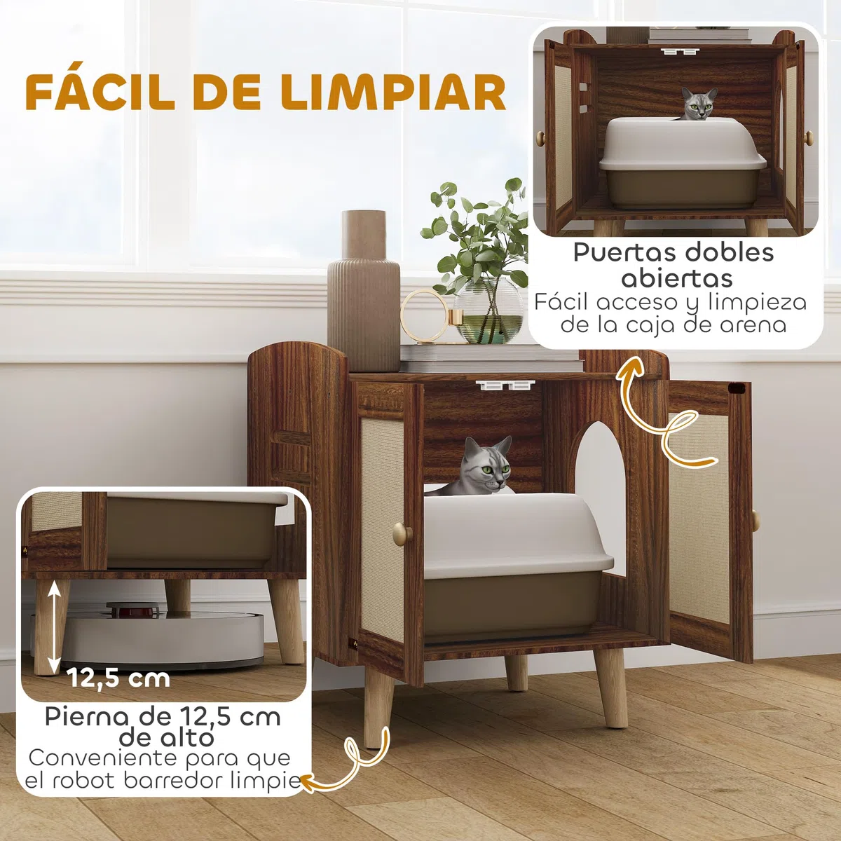 PawHut Mueble Arenero para Gatos Mesa Auxiliar 55x43x59,6 cm Marrón | Caja de Arena para Gatos, con Puertas, Esteras de Sisal, Patas de Madera, para Salón Dormitorio