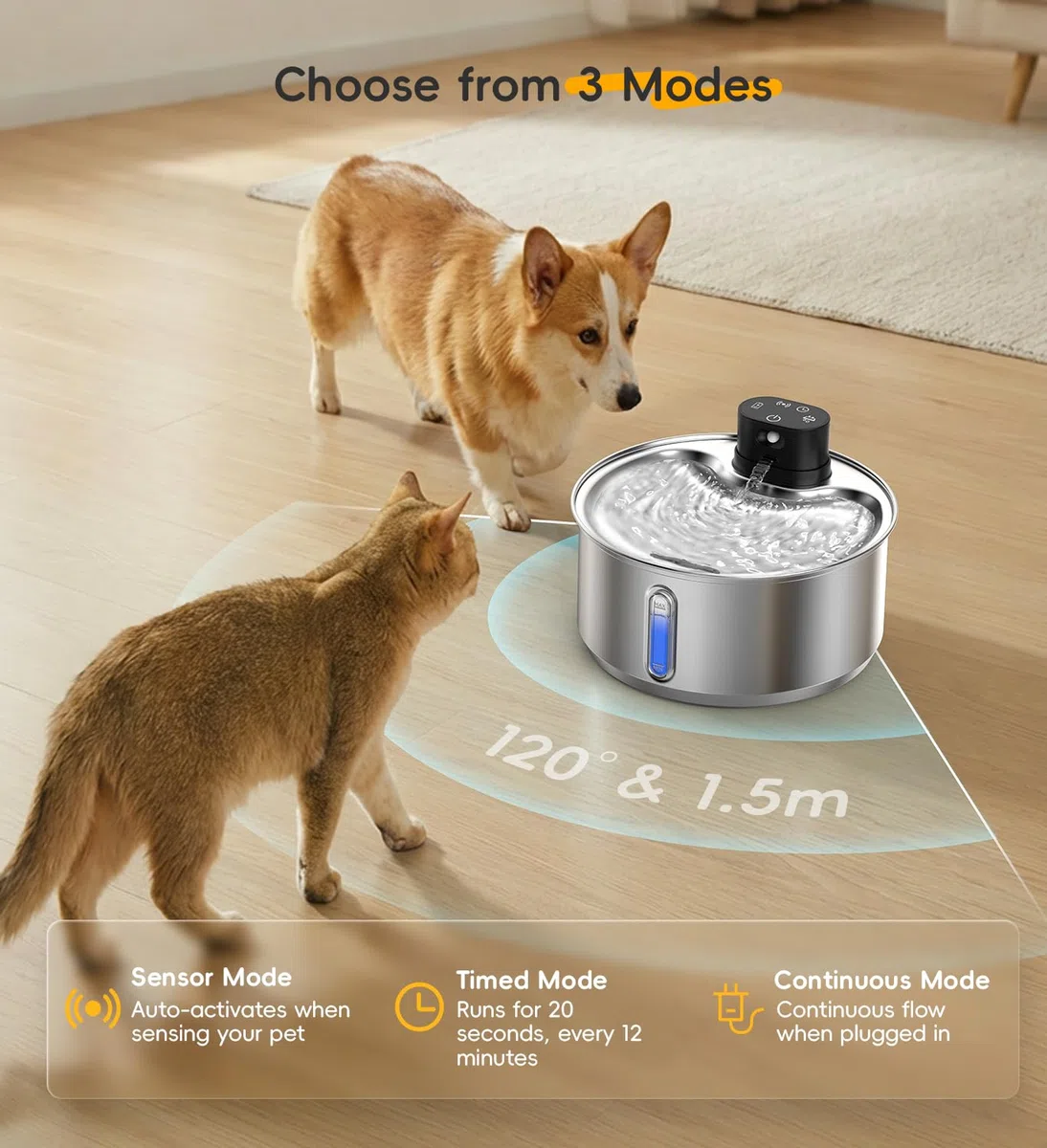Fuente de agua de acero inoxidable para gatos, fuente inalámbrica para perros de 186 fl.oz/1.45 galones | Fuente inalámbrica para mascotas; batería de 5000 mAh; interior; modos de agua triples; 25 dB ultra silenciosa