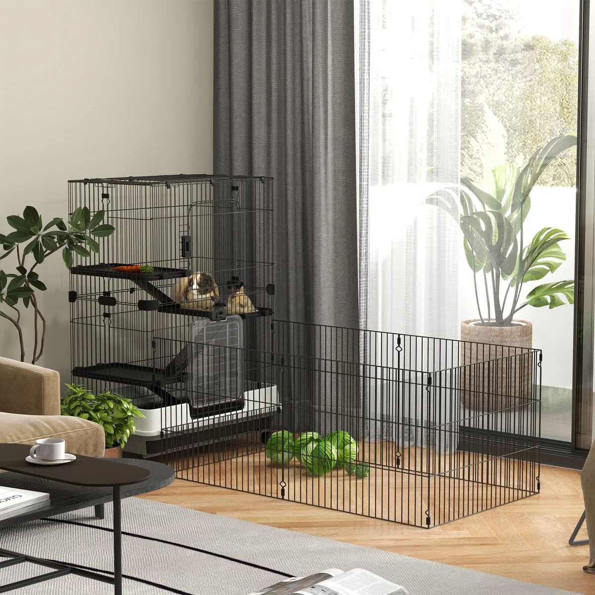 PawHut - Jaula para animales pequeños (3 rampas, 182 x 81 x 114 cm), color negro | 3 Plataformas Desmontables, Bandeja Inferior Desmontable, Metal PP, Jaula Hurón