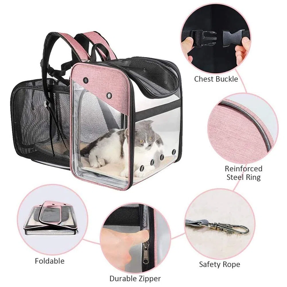 Portador de Mascota Mochila Extensible para Perro Gato 10kg, Bolsa Transporte para Viaje, Transparente Plegable Transpirable y Espaciosa con Cojín de Felpa, Transportín Aprobada por Aerolínea (Rosa)