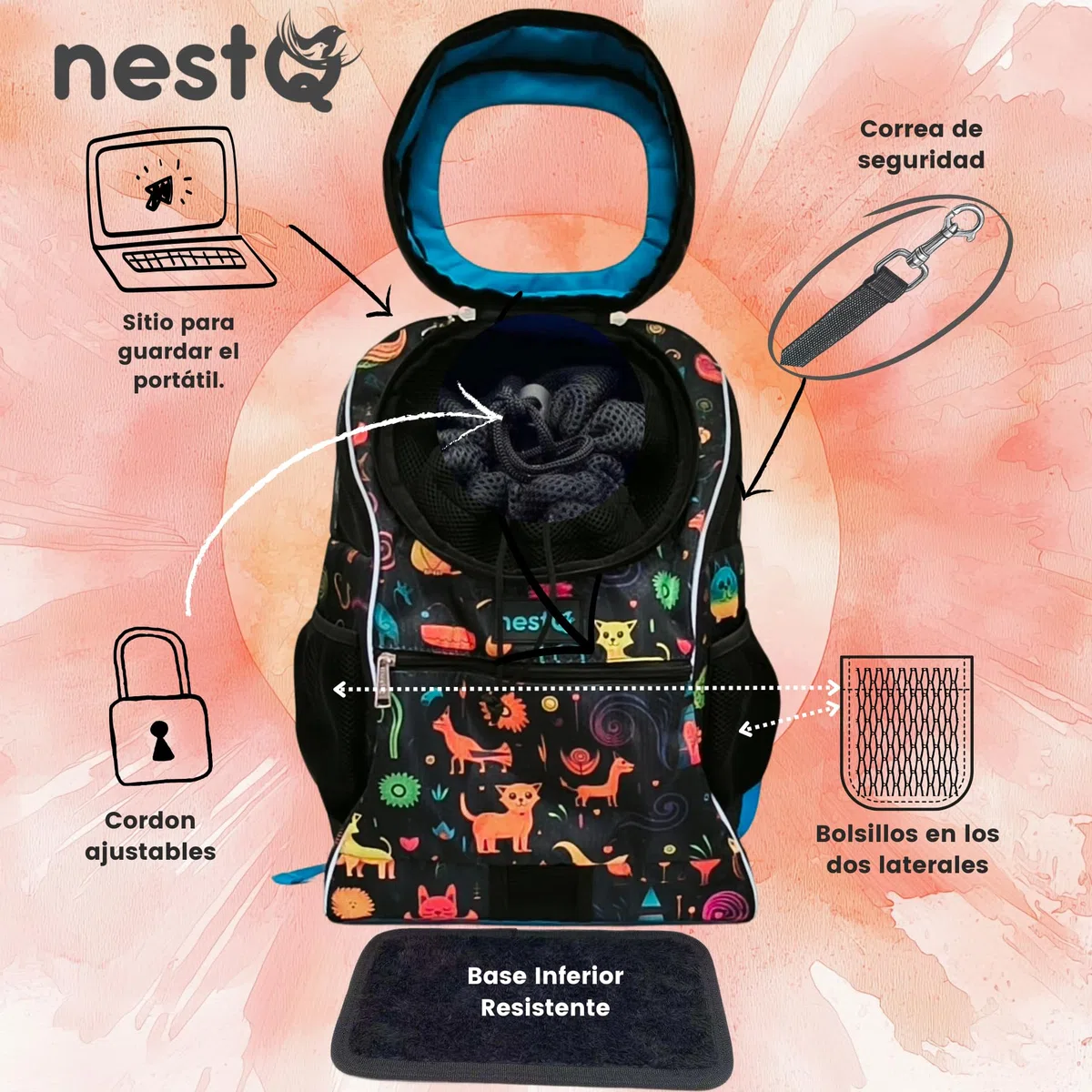 Mochila Transportín Mascotas Perro Gato hasta 3kg 43x30x20cm | hasta 3kg, 43x30x20cm, para gatos/perros